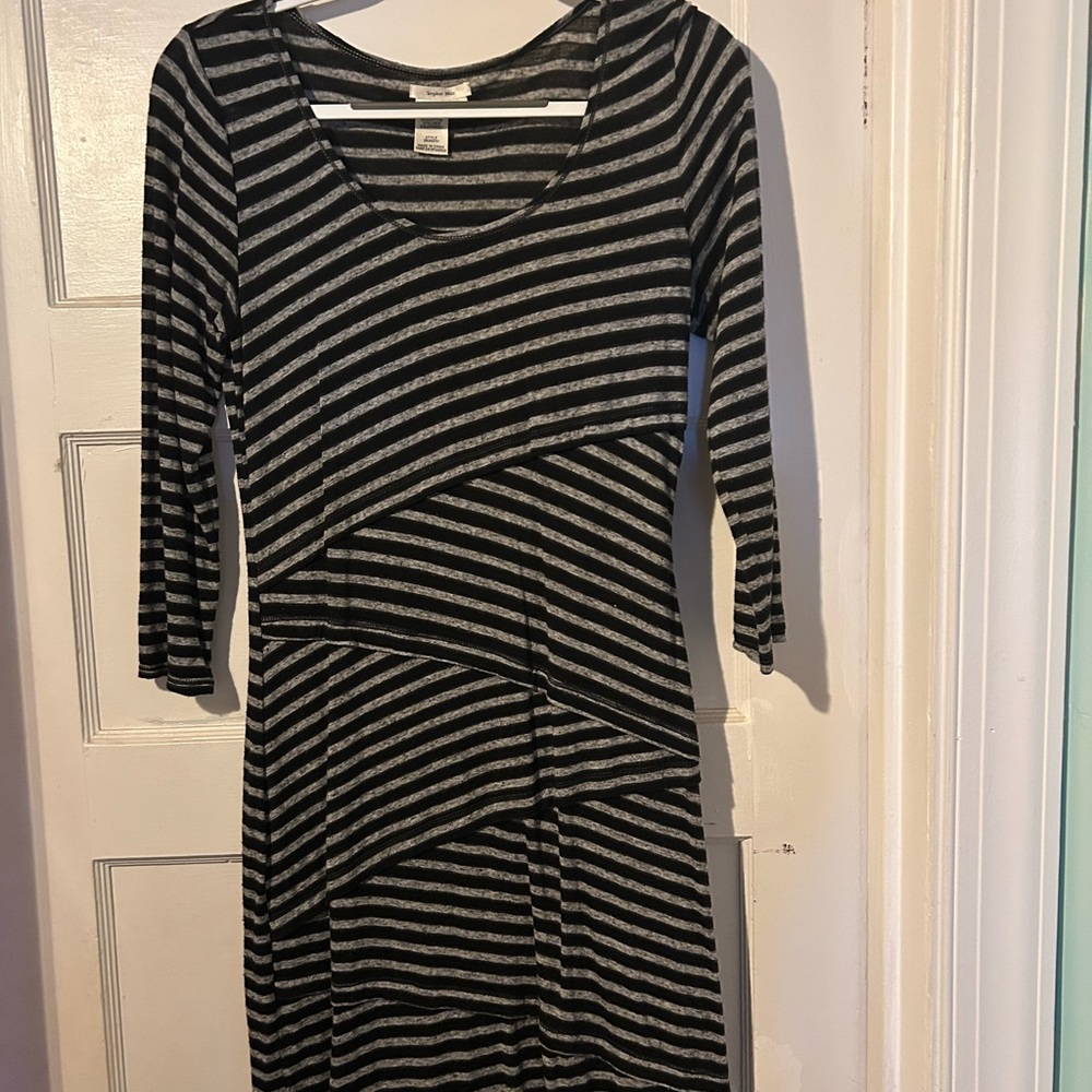 Black and Gray Striped 3/4 Sleeve Dress